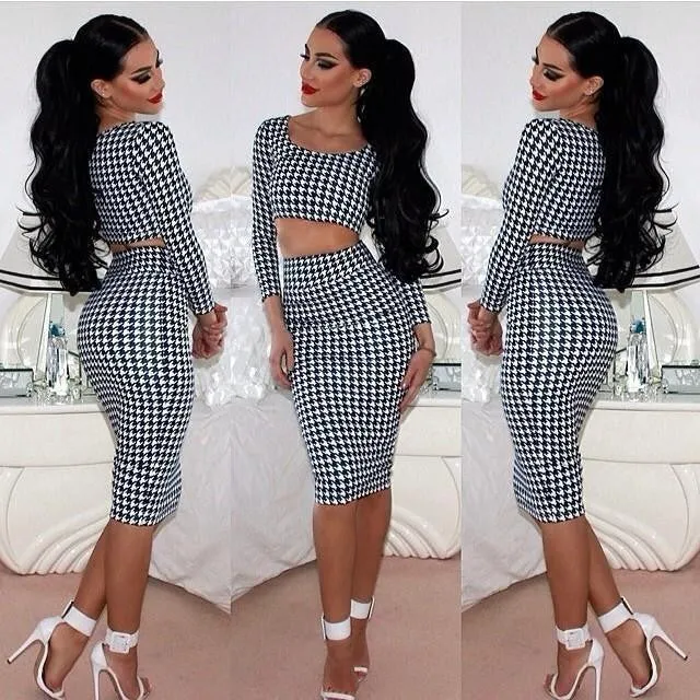 s Sexy Women Houndstooth Long Sleeve Tops 2pcs Set Midi Dress Bodycon Clubwear L34