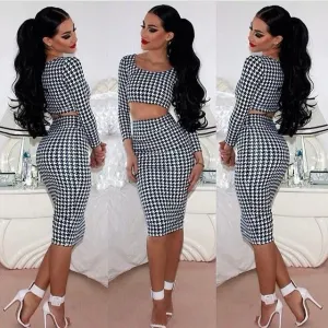 s Sexy Women Houndstooth Long Sleeve Tops 2pcs Set Midi Dress Bodycon Clubwear L34