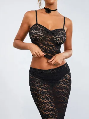 See-Through Black Lace Crochet Camis Crop Top Long Floral Skirt