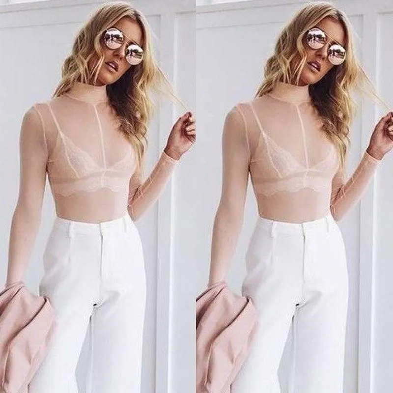 Slim Turtle Neck See-Through Mesh Top - Long Sleeve Fishnet