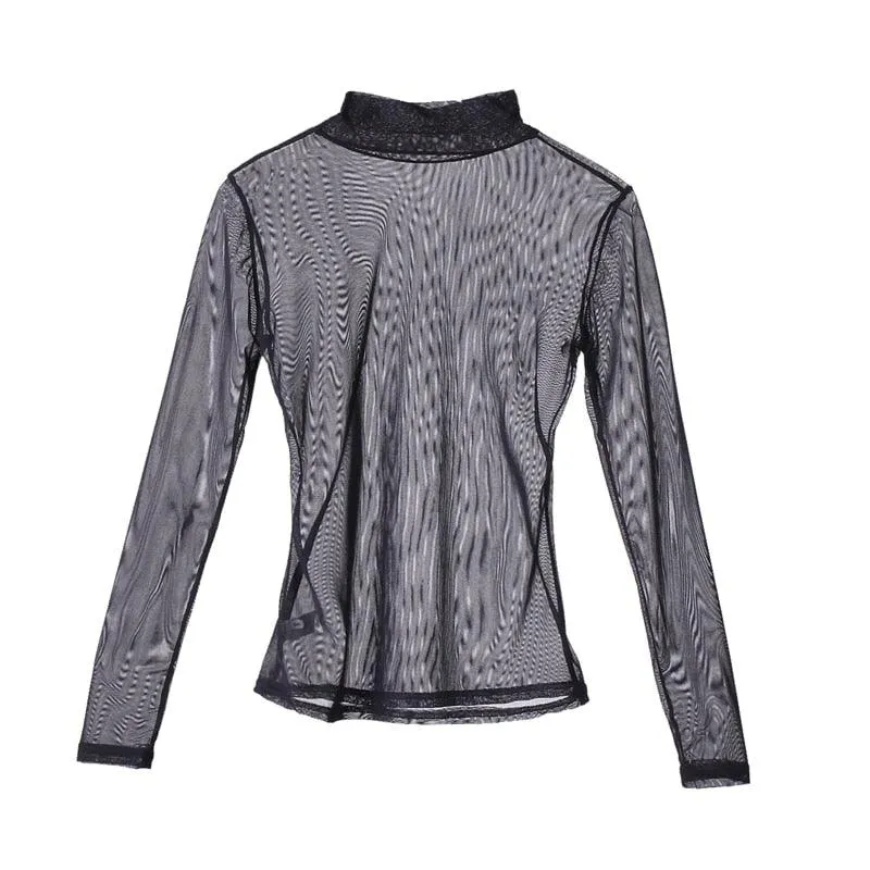 Slim Turtle Neck See-Through Mesh Top - Long Sleeve Fishnet