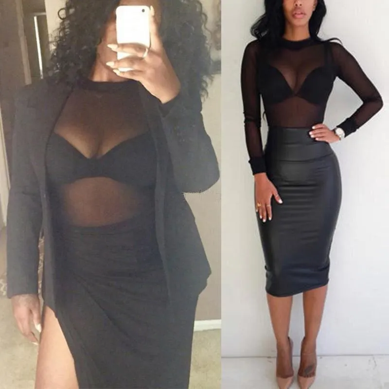 Slim Turtle Neck See-Through Mesh Top - Long Sleeve Fishnet