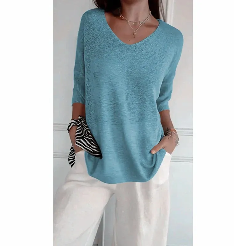 Solid Color Knitted V-neck Top