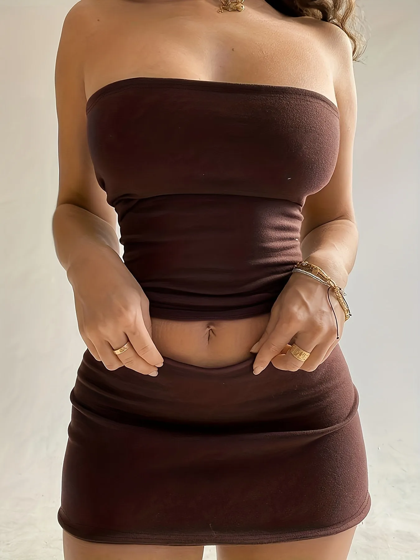 Solid Ruched Two-piece Set, Off Shoulder Sexy Tube Top & High Waist Bag Hip Mini Skirts Outfits, Women's Clothing