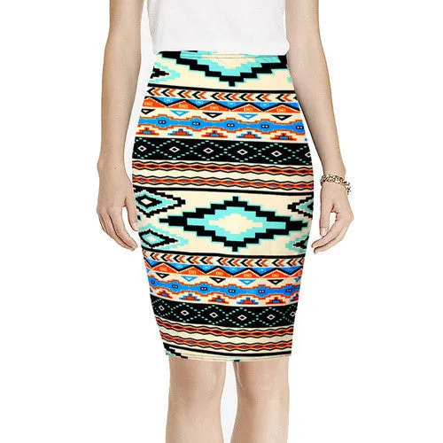 Spring Summer Vintage Fashion Printed Pencil Skirt Midi Women Knee-Length Elastic High Waist Ladies Pattern Skirts D40