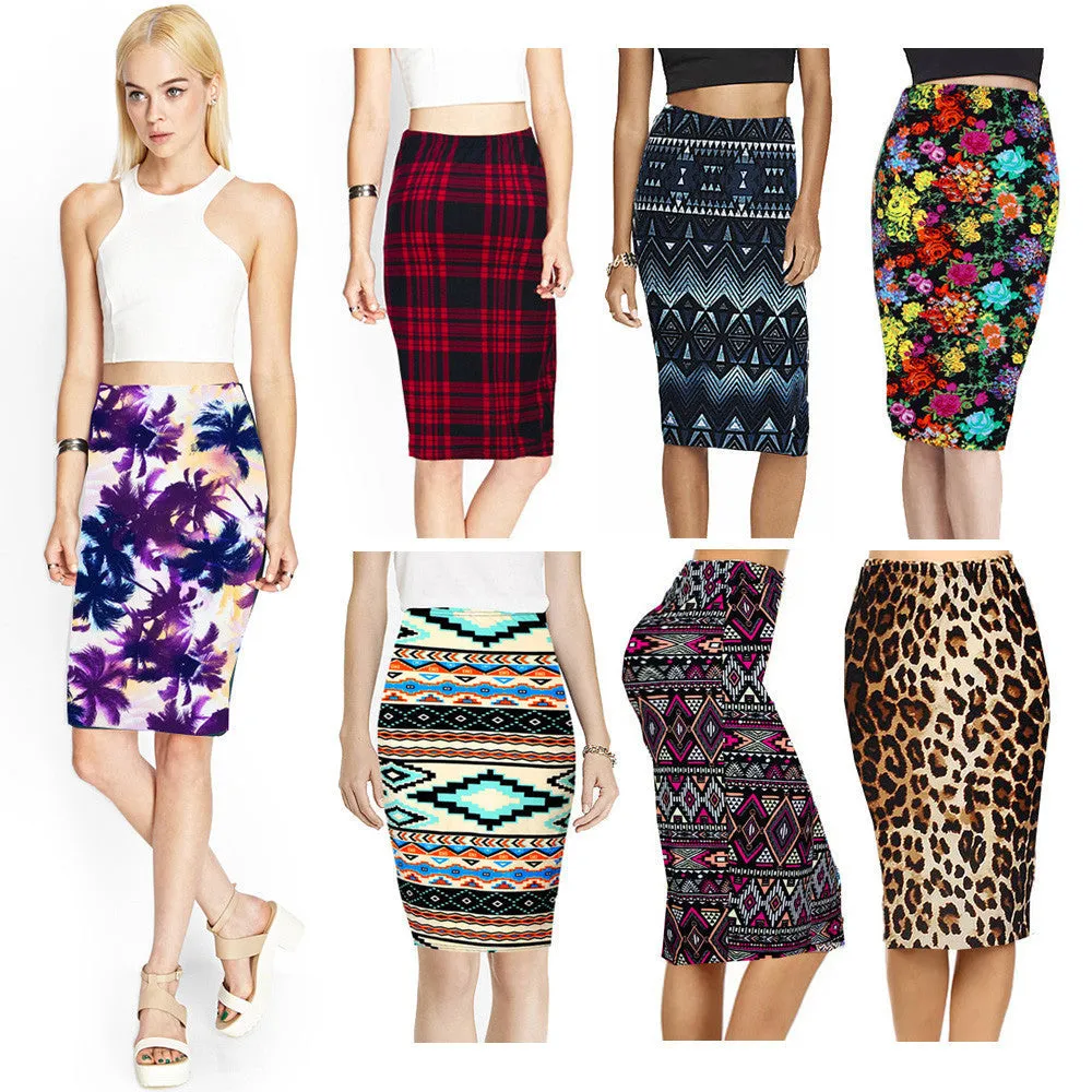 Spring Summer Vintage Fashion Printed Pencil Skirt Midi Women Knee-Length Elastic High Waist Ladies Pattern Skirts D40