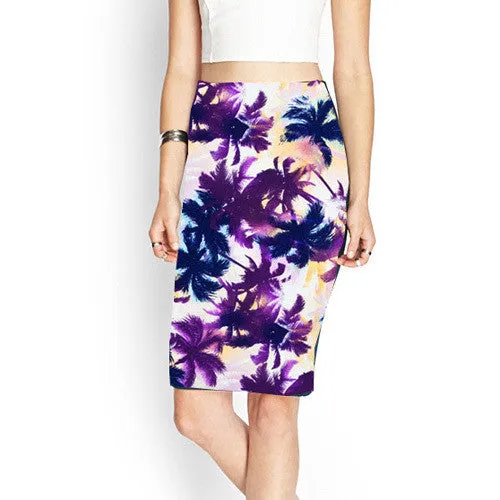 Spring Summer Vintage Fashion Printed Pencil Skirt Midi Women Knee-Length Elastic High Waist Ladies Pattern Skirts D40