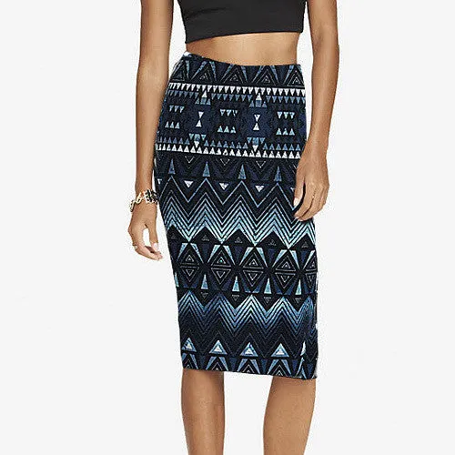 Spring Summer Vintage Fashion Printed Pencil Skirt Midi Women Knee-Length Elastic High Waist Ladies Pattern Skirts D40