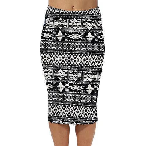 Spring Summer Vintage Fashion Printed Pencil Skirt Midi Women Knee-Length Elastic High Waist Ladies Pattern Skirts D40