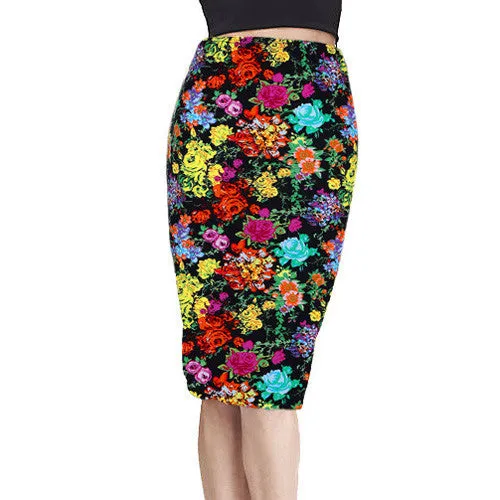 Spring Summer Vintage Fashion Printed Pencil Skirt Midi Women Knee-Length Elastic High Waist Ladies Pattern Skirts D40