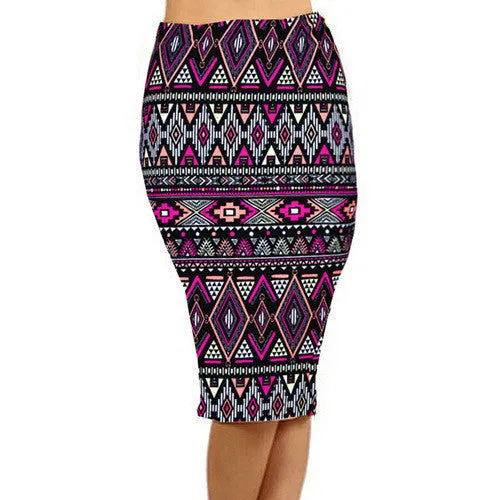 Spring Summer Vintage Fashion Printed Pencil Skirt Midi Women Knee-Length Elastic High Waist Ladies Pattern Skirts D40