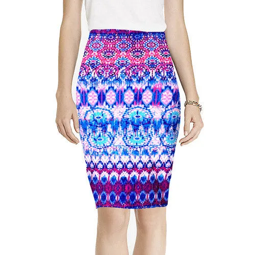 Spring Summer Vintage Fashion Printed Pencil Skirt Midi Women Knee-Length Elastic High Waist Ladies Pattern Skirts D40