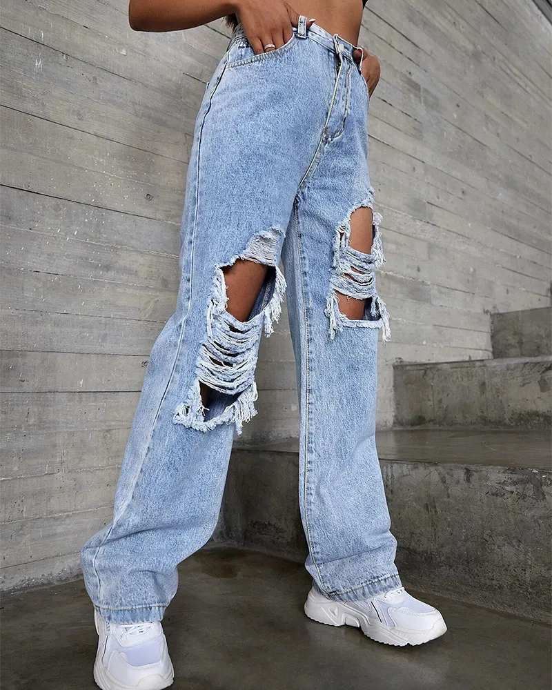 Straight-Leg Ripped Jeans
