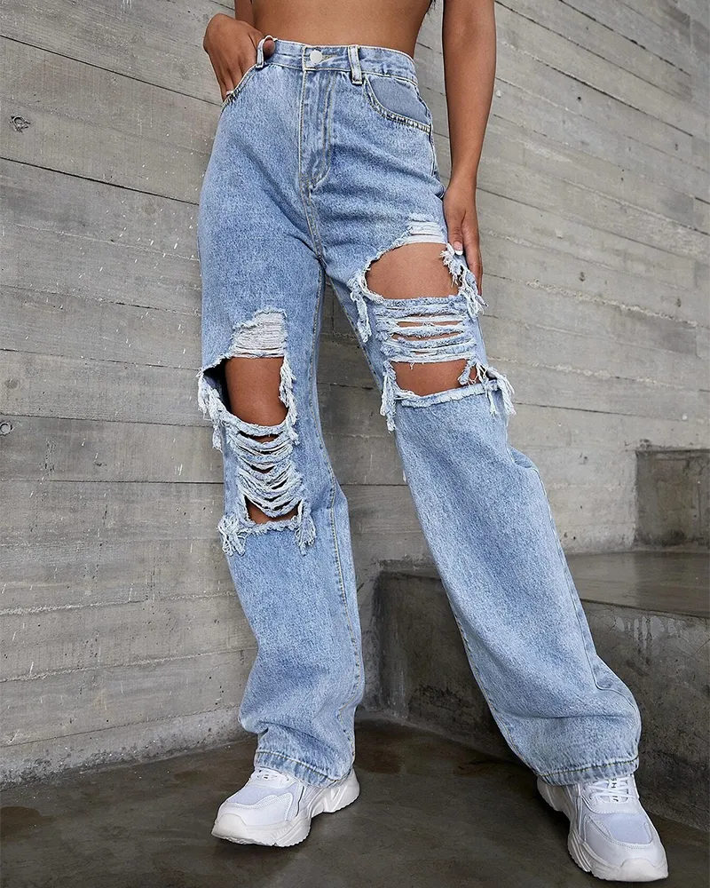 Straight-Leg Ripped Jeans