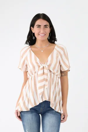 Striped Woven Front Tie Top -Mocha