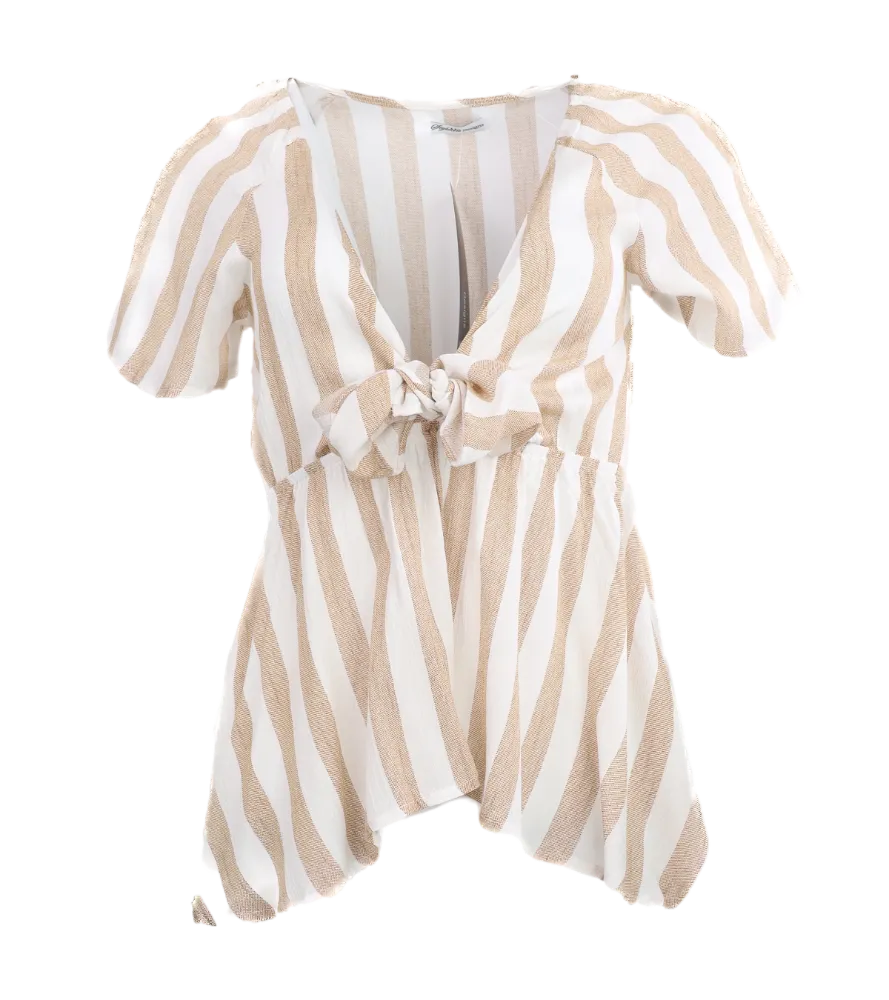 Striped Woven Front Tie Top -Mocha