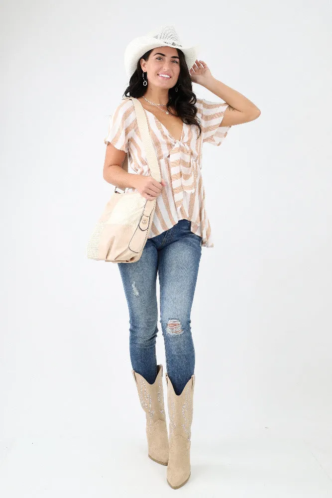 Striped Woven Front Tie Top -Mocha
