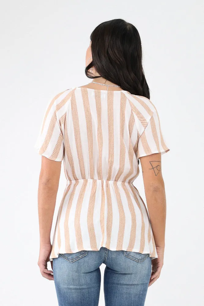 Striped Woven Front Tie Top -Mocha