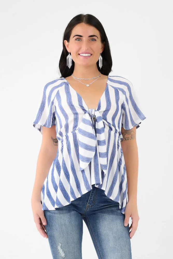 Striped Woven Front Tie Top -Mocha