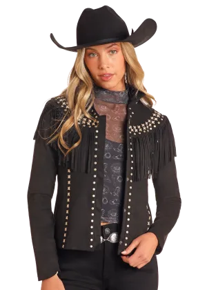 Studded Micro Suede Fringe Jacket - Black