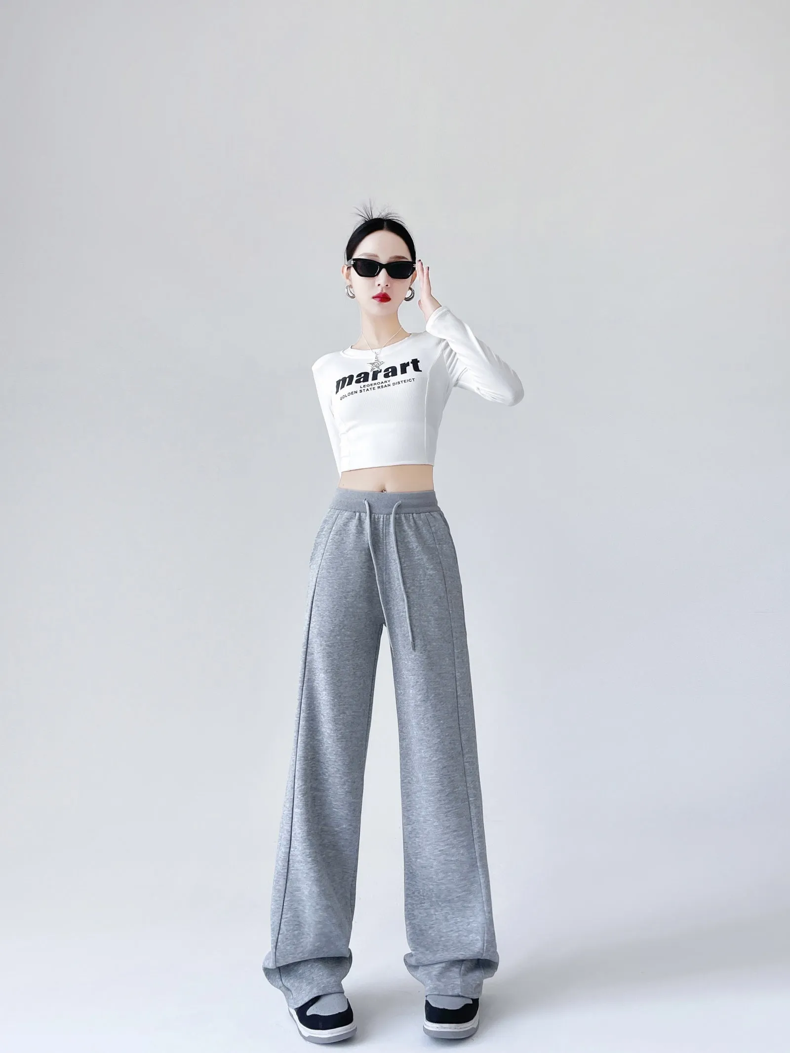 Stylish High-Waisted Elastic Waisted Sweatpants with Drawstring Waist