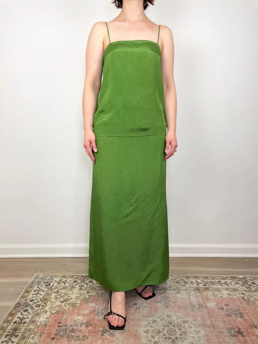 Summer Acetate Crinkle Maxi Slip Skirt in Chartreuse