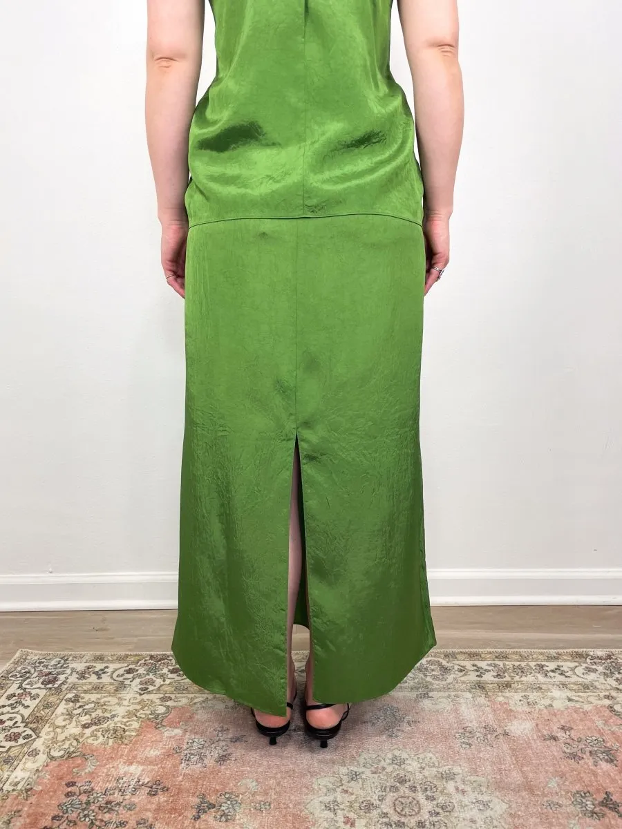 Summer Acetate Crinkle Maxi Slip Skirt in Chartreuse