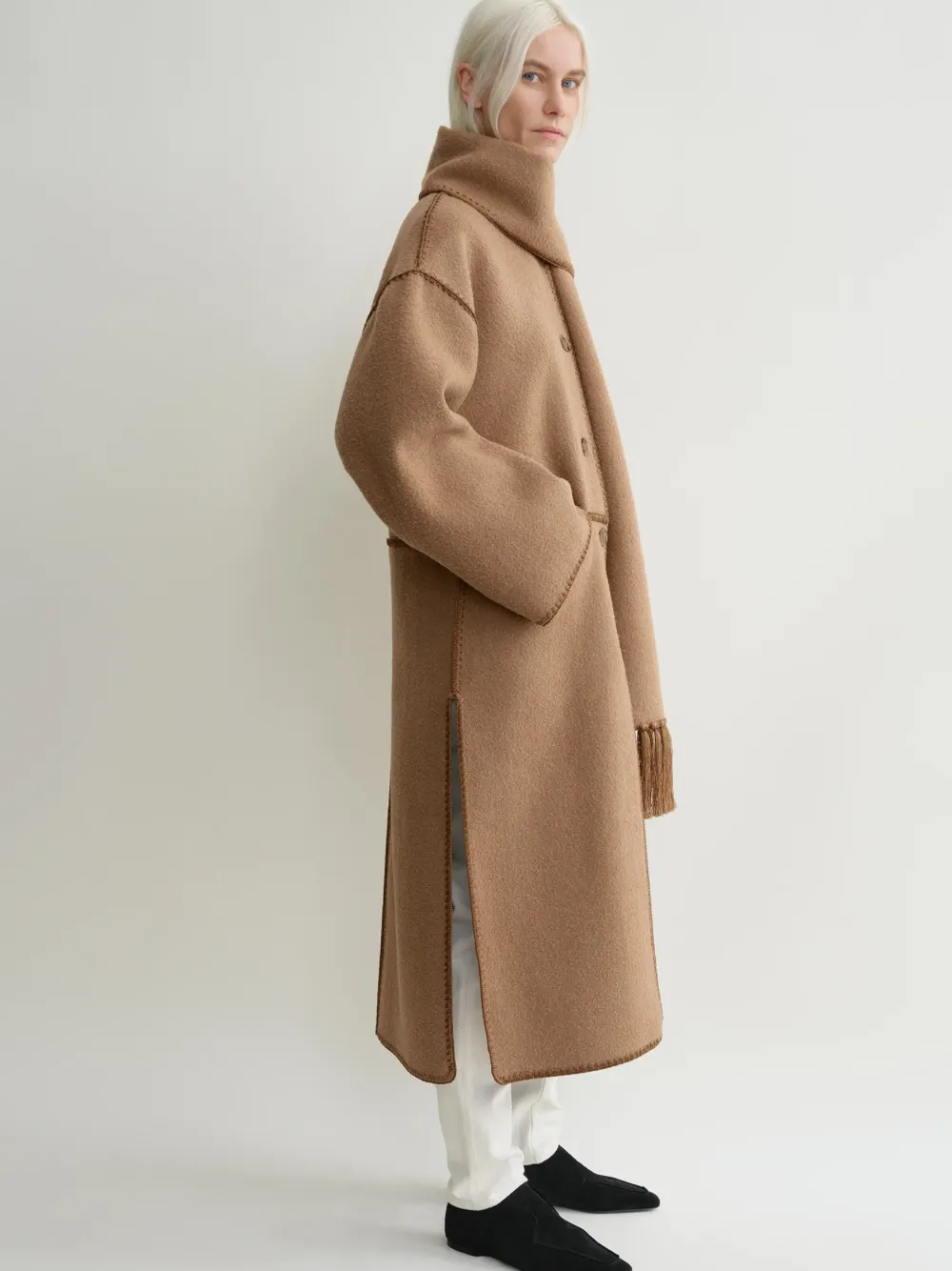 Toteme Embroidered Scarf Coat Camel