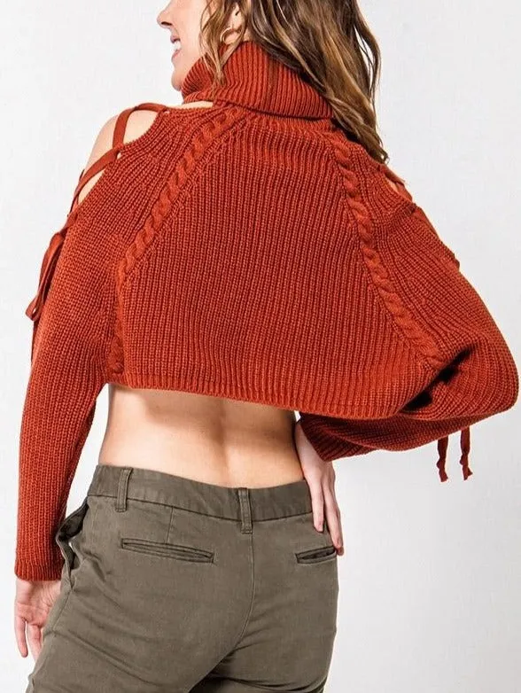 Turtleneck Open Shoulder Lace Up Cropped Cable Knit Sweater