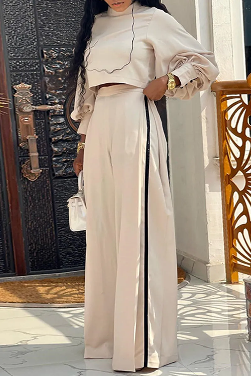 UG744 Mock Neck Crop Top and Wide Leg Pants Set