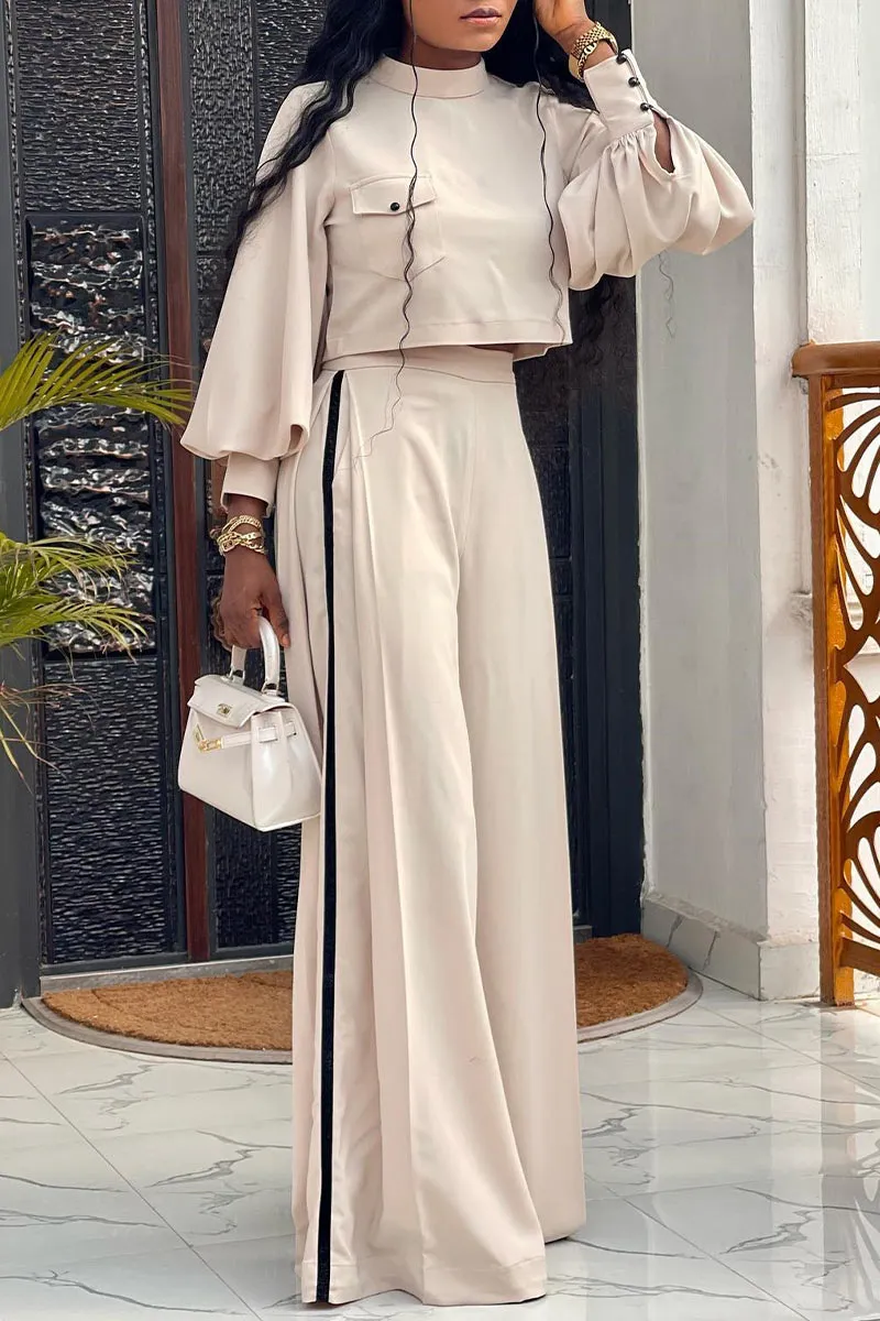 UG744 Mock Neck Crop Top and Wide Leg Pants Set