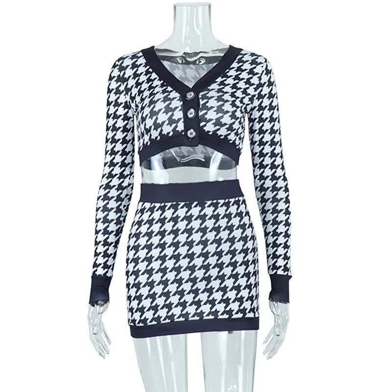 V-neck Digital Printing Houndstooth Short Top Color Matching Camouflage Skirt