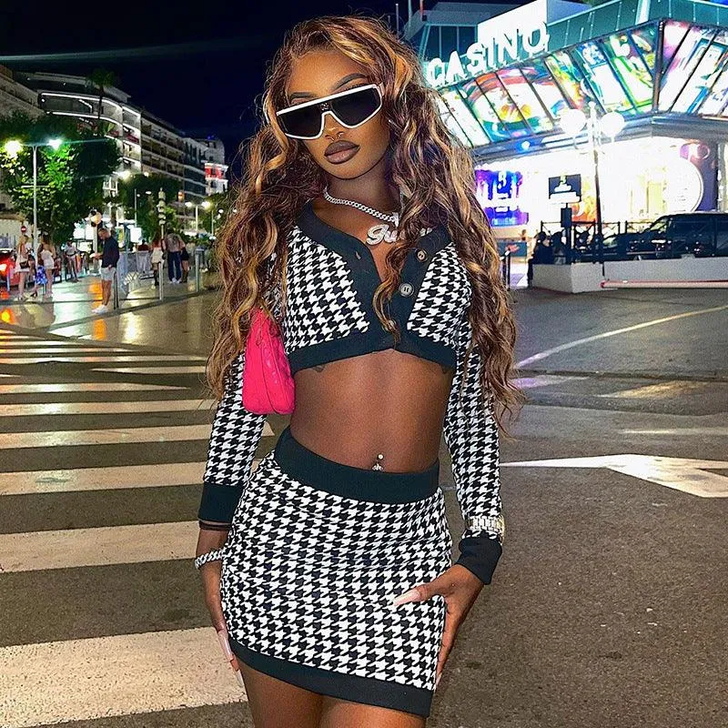 V-neck Digital Printing Houndstooth Short Top Color Matching Camouflage Skirt