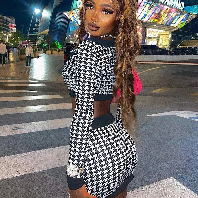 V-neck Digital Printing Houndstooth Short Top Color Matching Camouflage Skirt