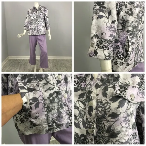 Vintage Alfred Dunner Jacket Pants Floral Blazer Lavender Gray White Woman’s 10