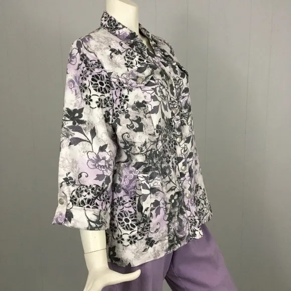 Vintage Alfred Dunner Jacket Pants Floral Blazer Lavender Gray White Woman’s 10