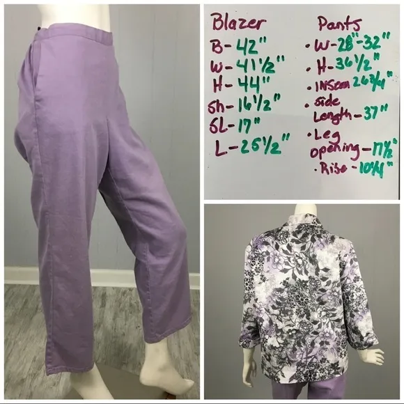 Vintage Alfred Dunner Jacket Pants Floral Blazer Lavender Gray White Woman’s 10
