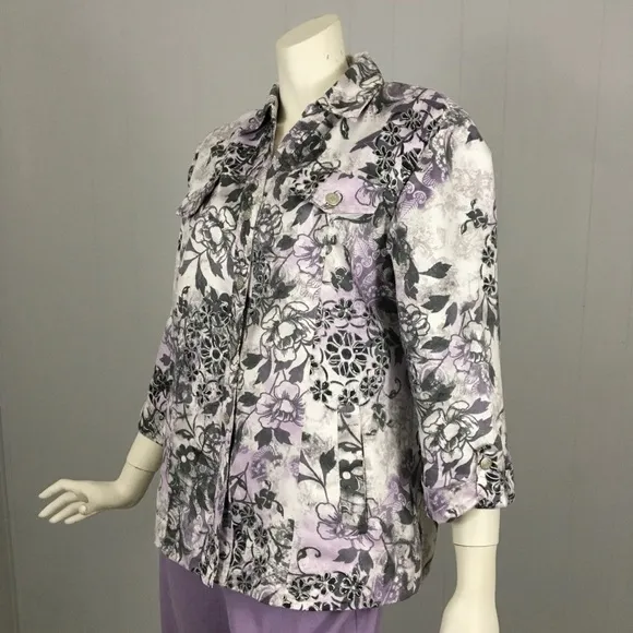 Vintage Alfred Dunner Jacket Pants Floral Blazer Lavender Gray White Woman’s 10