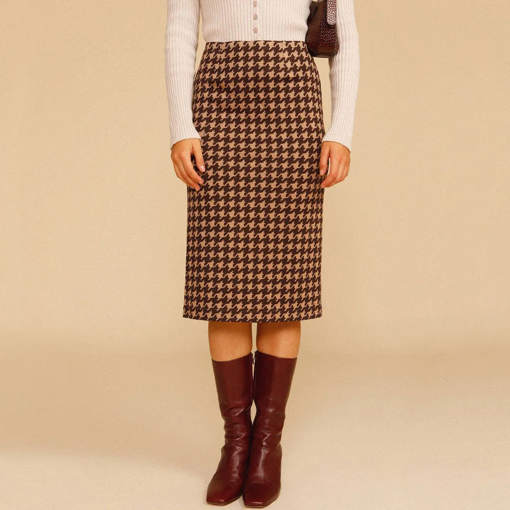 Vintage High Waist Bodycon Houndstooth Knit Midi Skirt - Coffee