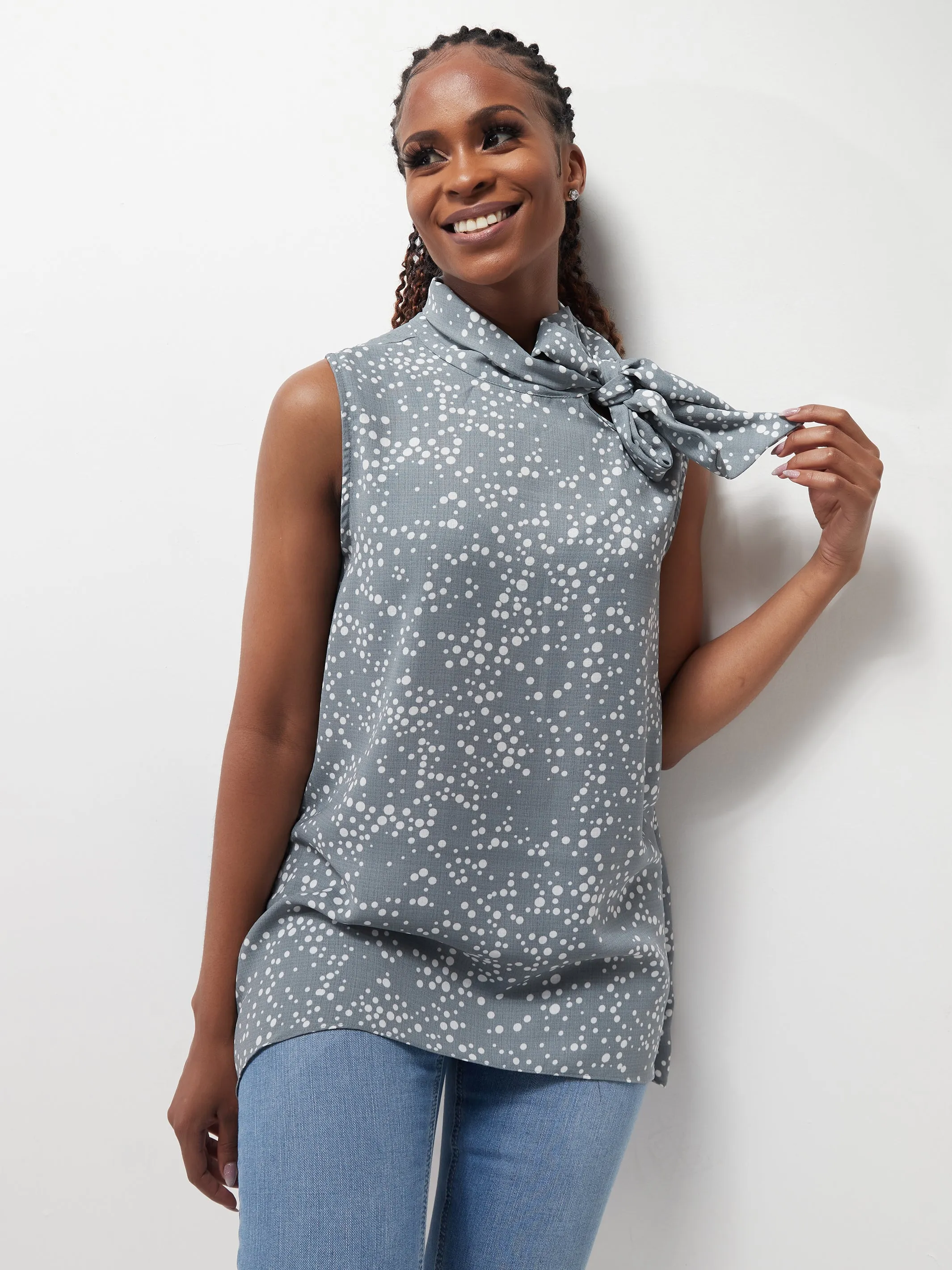 Vivo Bissa High Low Sleeveless Top - Grey / White Print