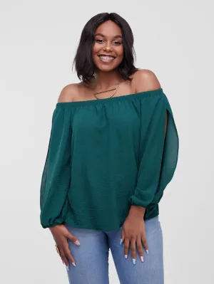 Vivo Dayo Off Shoulder Split Sleeve Short Top - Green