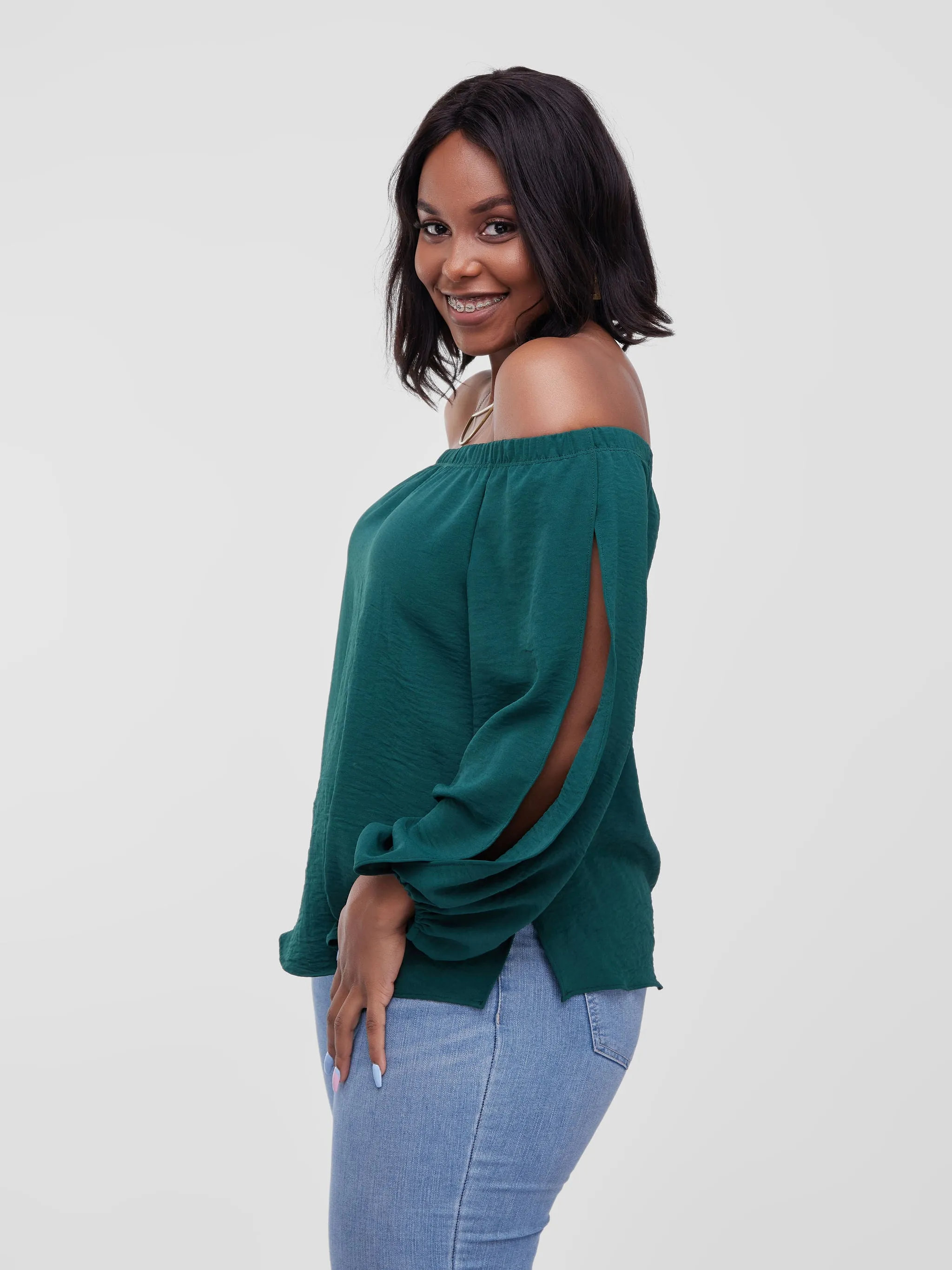 Vivo Dayo Off Shoulder Split Sleeve Short Top - Green