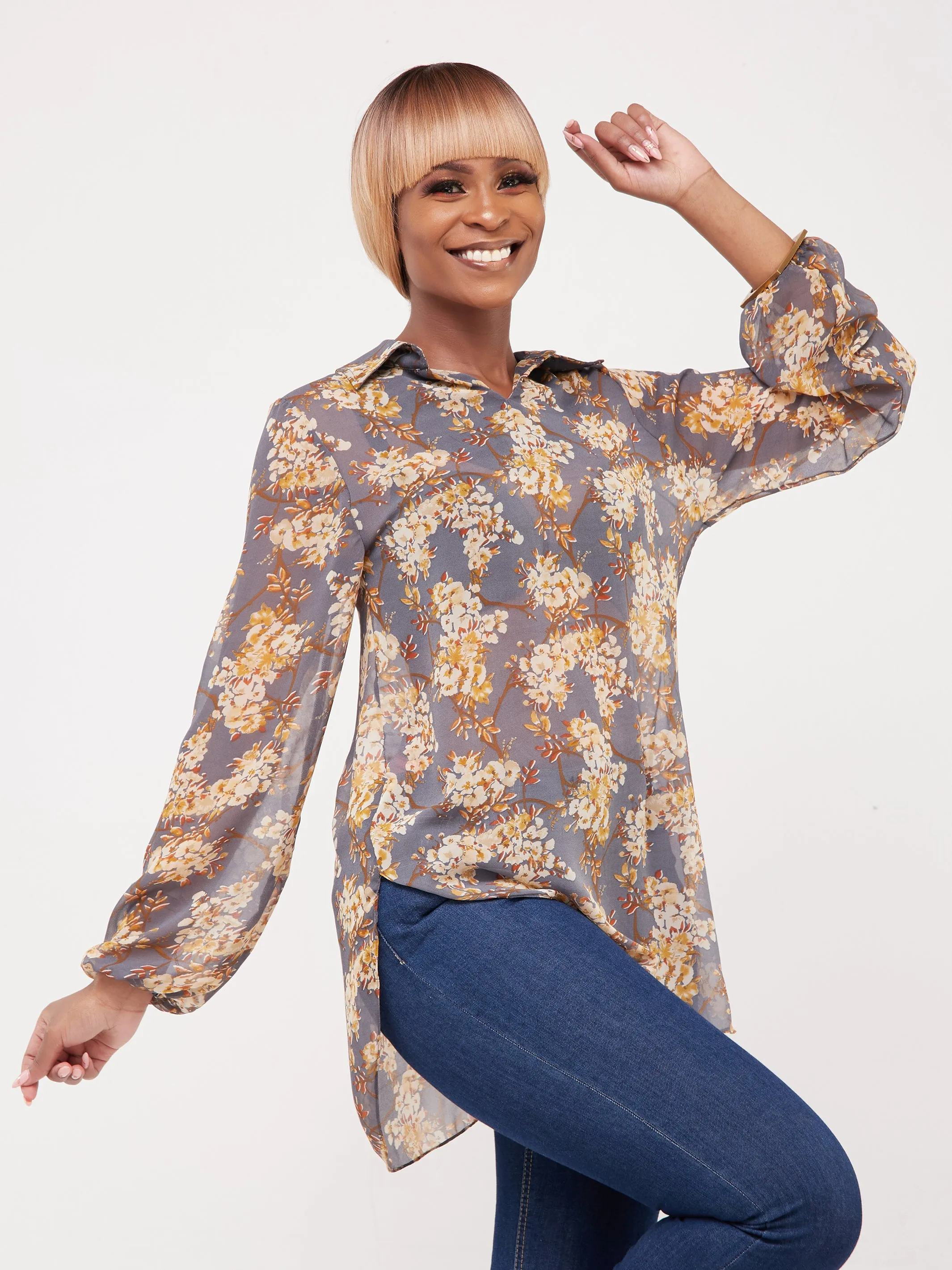 Vivo Sana Bishop Sleeve Top - Yellow Floral Print