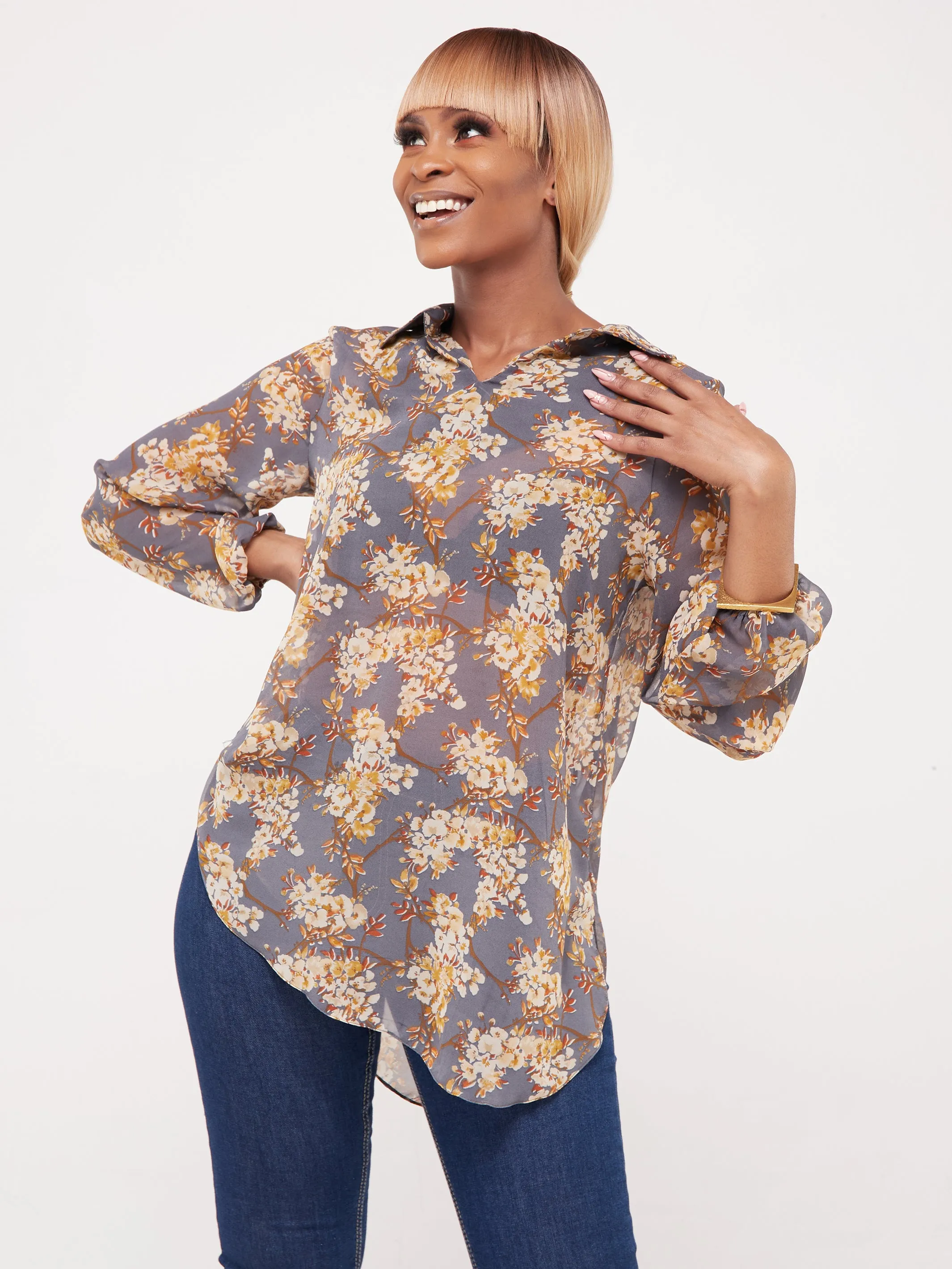 Vivo Sana Bishop Sleeve Top - Yellow Floral Print