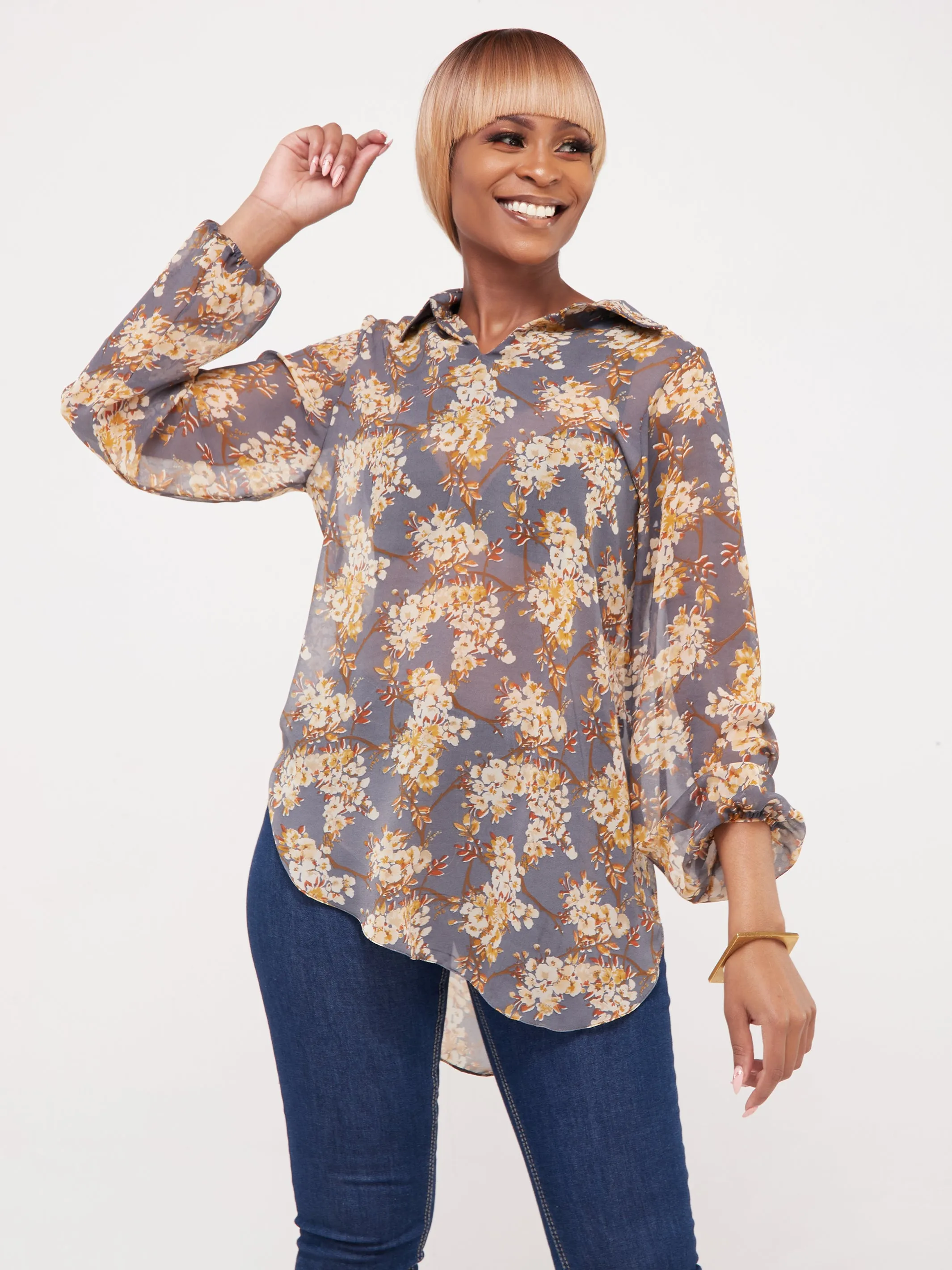 Vivo Sana Bishop Sleeve Top - Yellow Floral Print