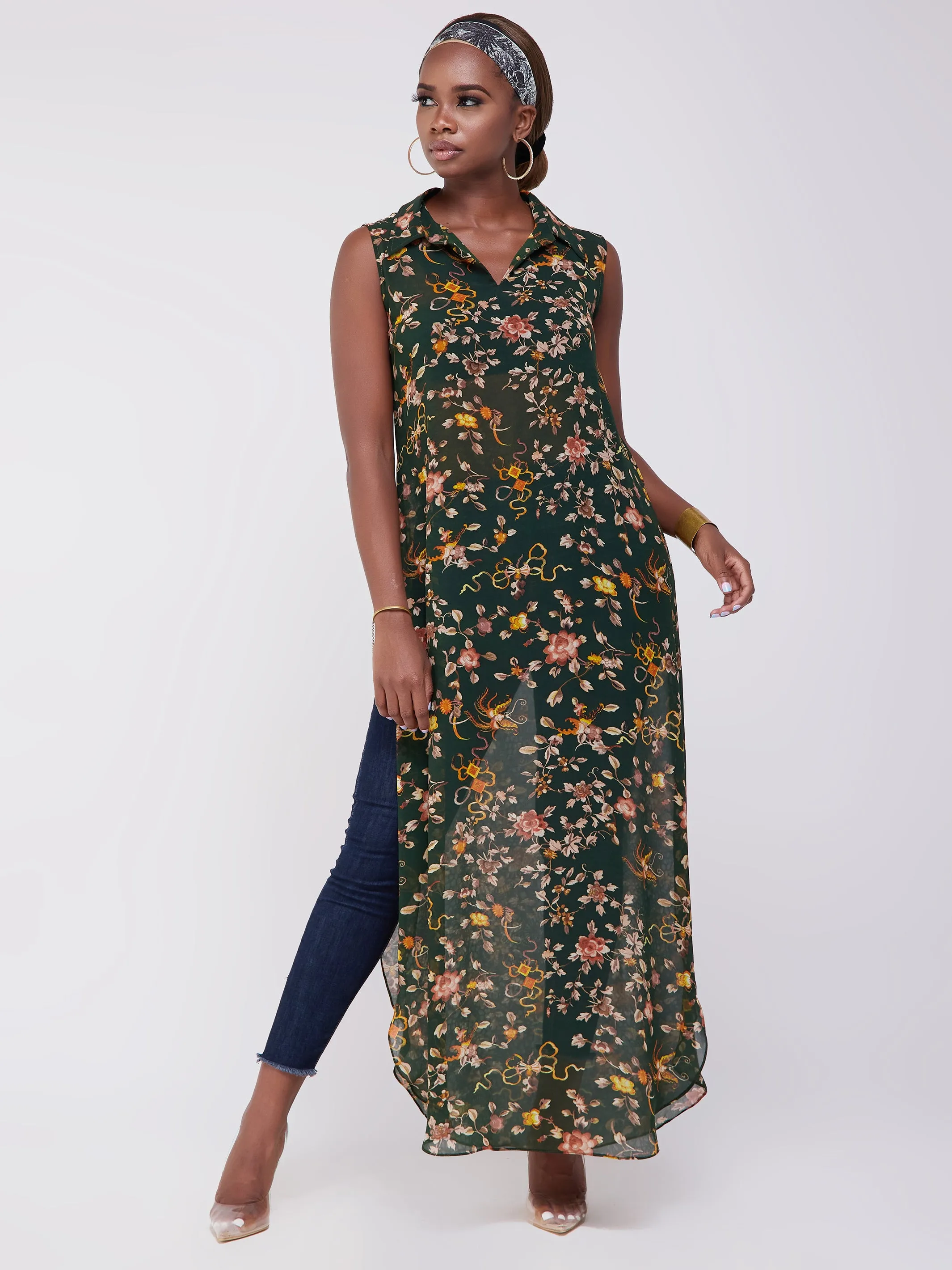 Vivo Sana Chiffon Maxi Side Slit Top - Green Print