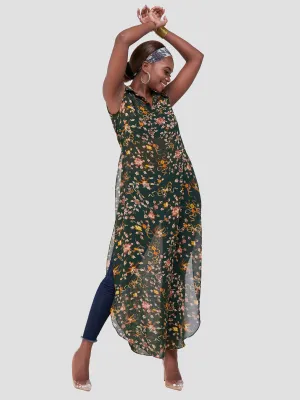 Vivo Sana Chiffon Maxi Side Slit Top - Green Print