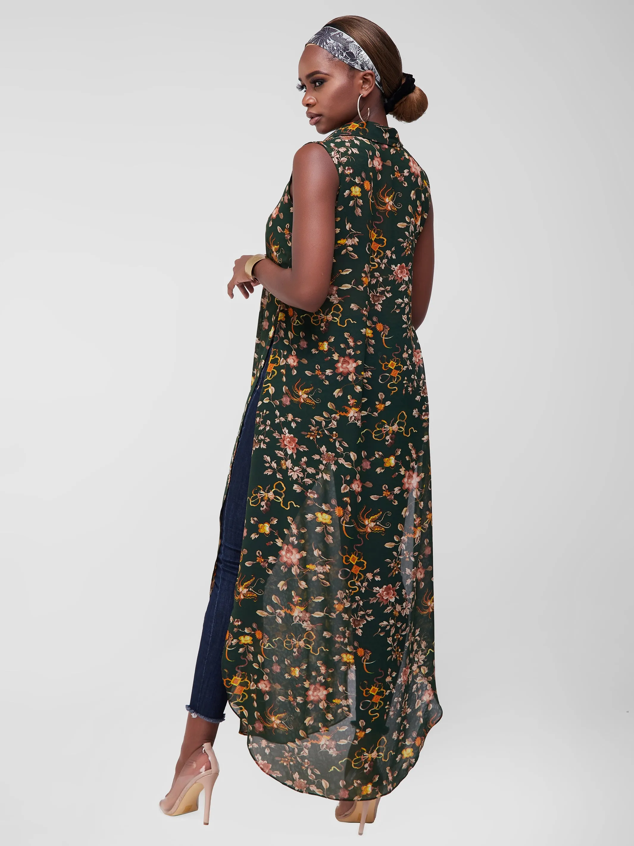 Vivo Sana Chiffon Maxi Side Slit Top - Green Print