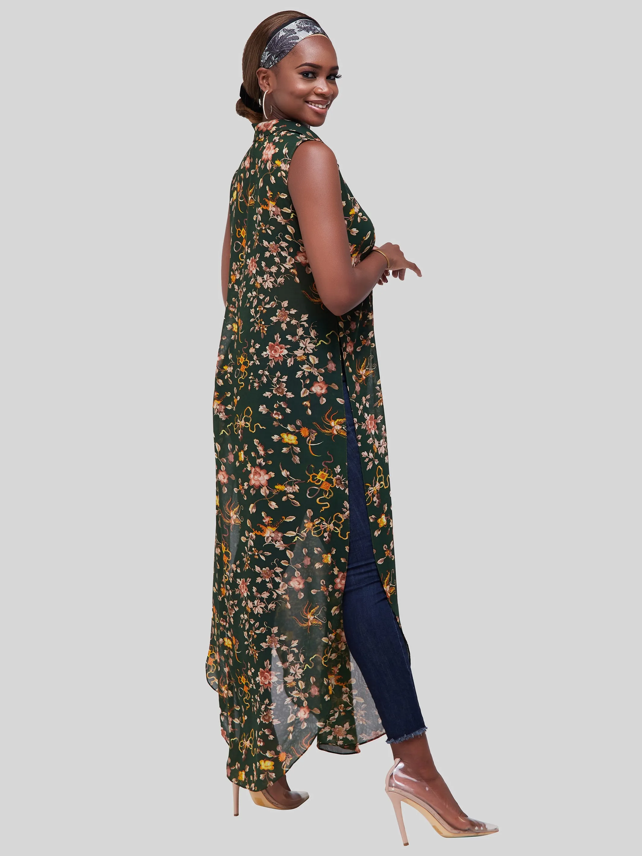 Vivo Sana Chiffon Maxi Side Slit Top - Green Print