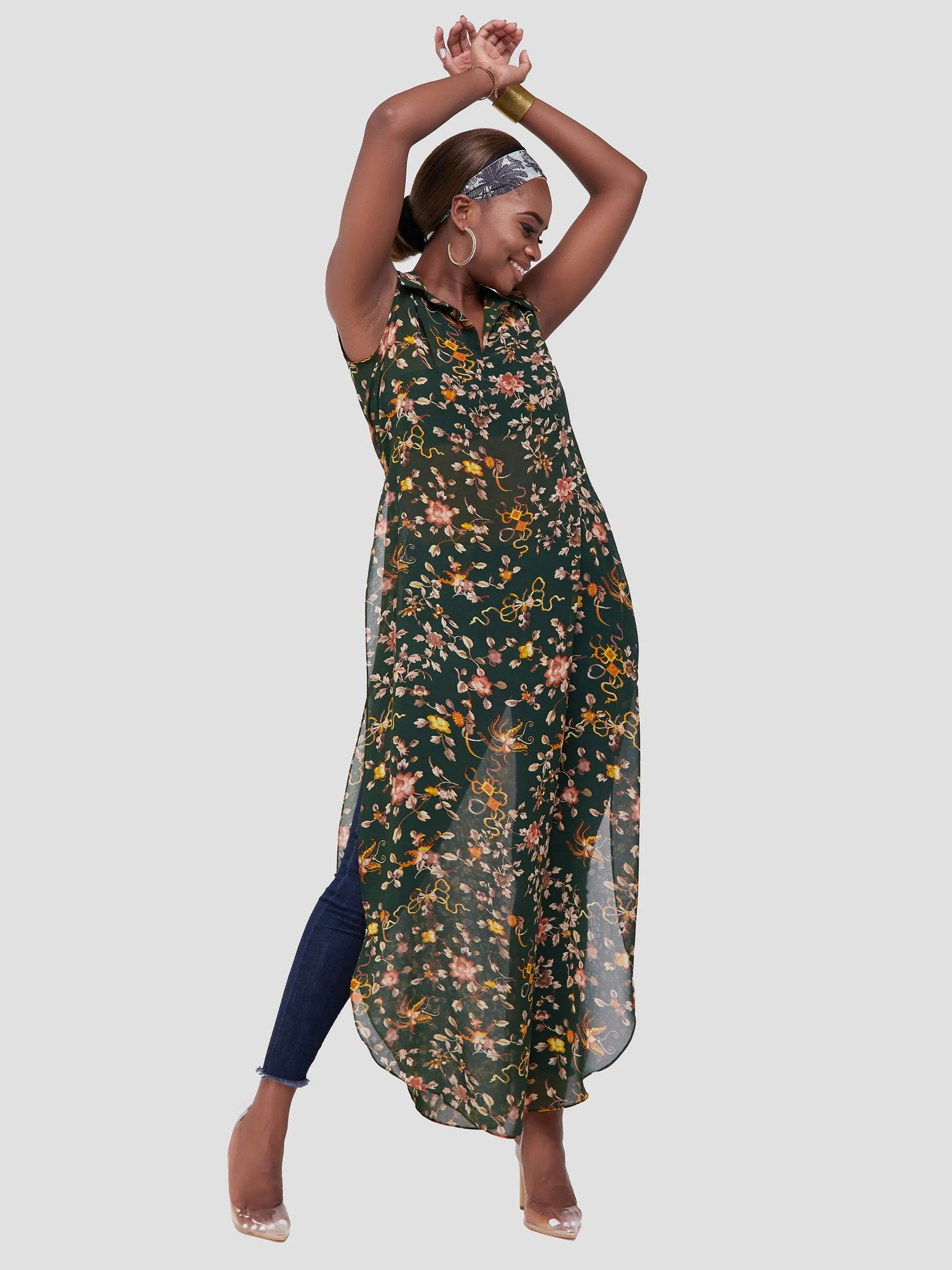 Vivo Sana Chiffon Maxi Side Slit Top - Green Print